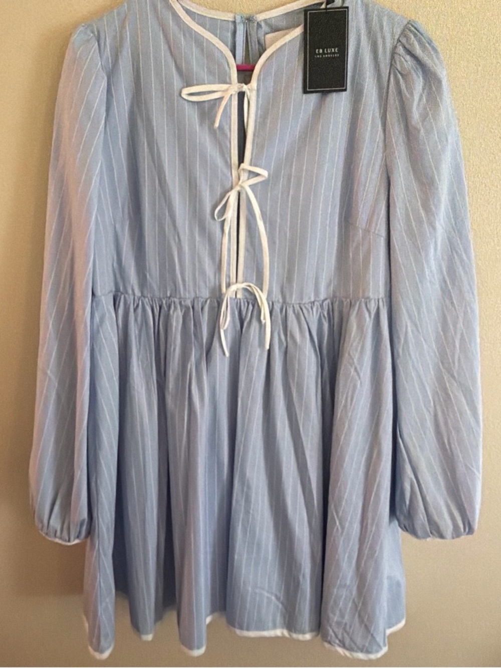 EB Luxe Light Blue Pinstripe‎ Tie-Front Dress